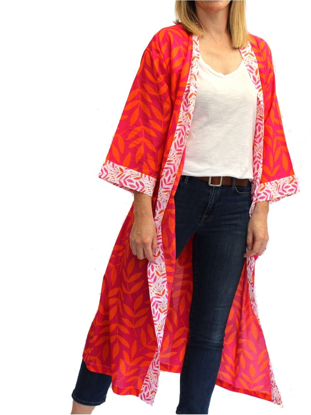 NWT Lime Tree Design Pink & Orange Printed Kimono Robe Onesize M/ L